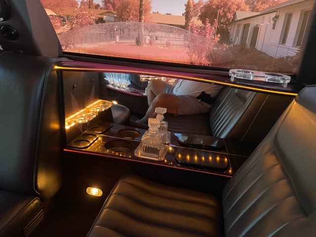 A view of the inside of a limo.