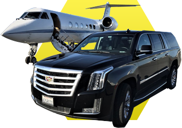 A black suv and an airplane on a yellow background