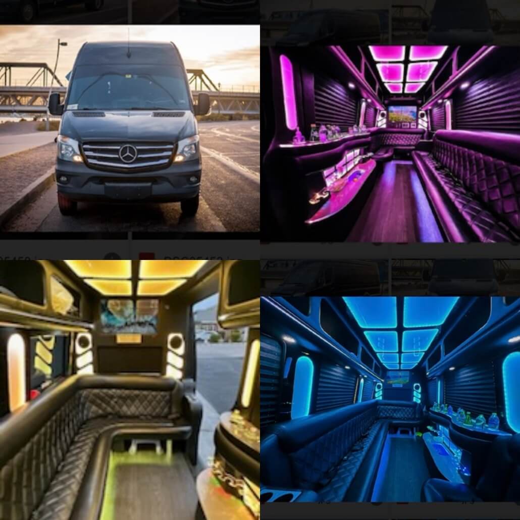A collage of different views of the inside of a vehicle.